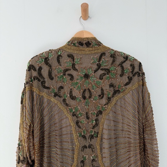 Vintage 1980s couture taupe brown silk beaded sequin kimono jacket - One Size - Picture 5 of 6